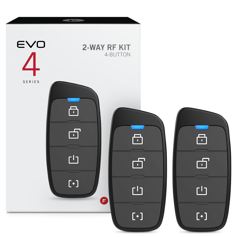 Fortin RFK442 2-way remote start kit featuring two 4-button black key fob remotes, an FMH antenna module, and wiring cable.