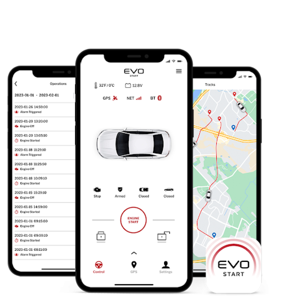 EVO-START LTE smartphone remote start app interface showing remote engine start control, GPS vehicle tracking map, and activity log.